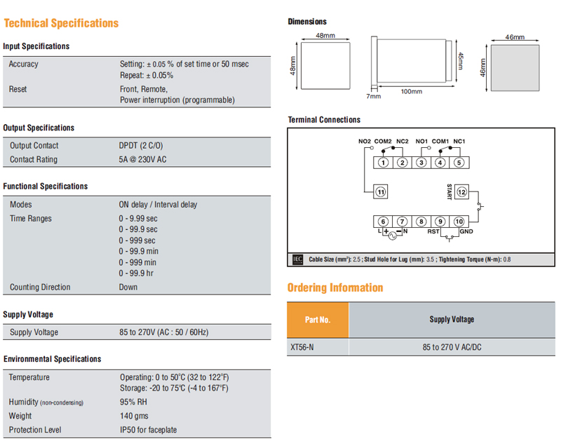 XT56NCU Digital Timer XT56, on delay/interval, 1DPDT (2co) 5A 250V 0s